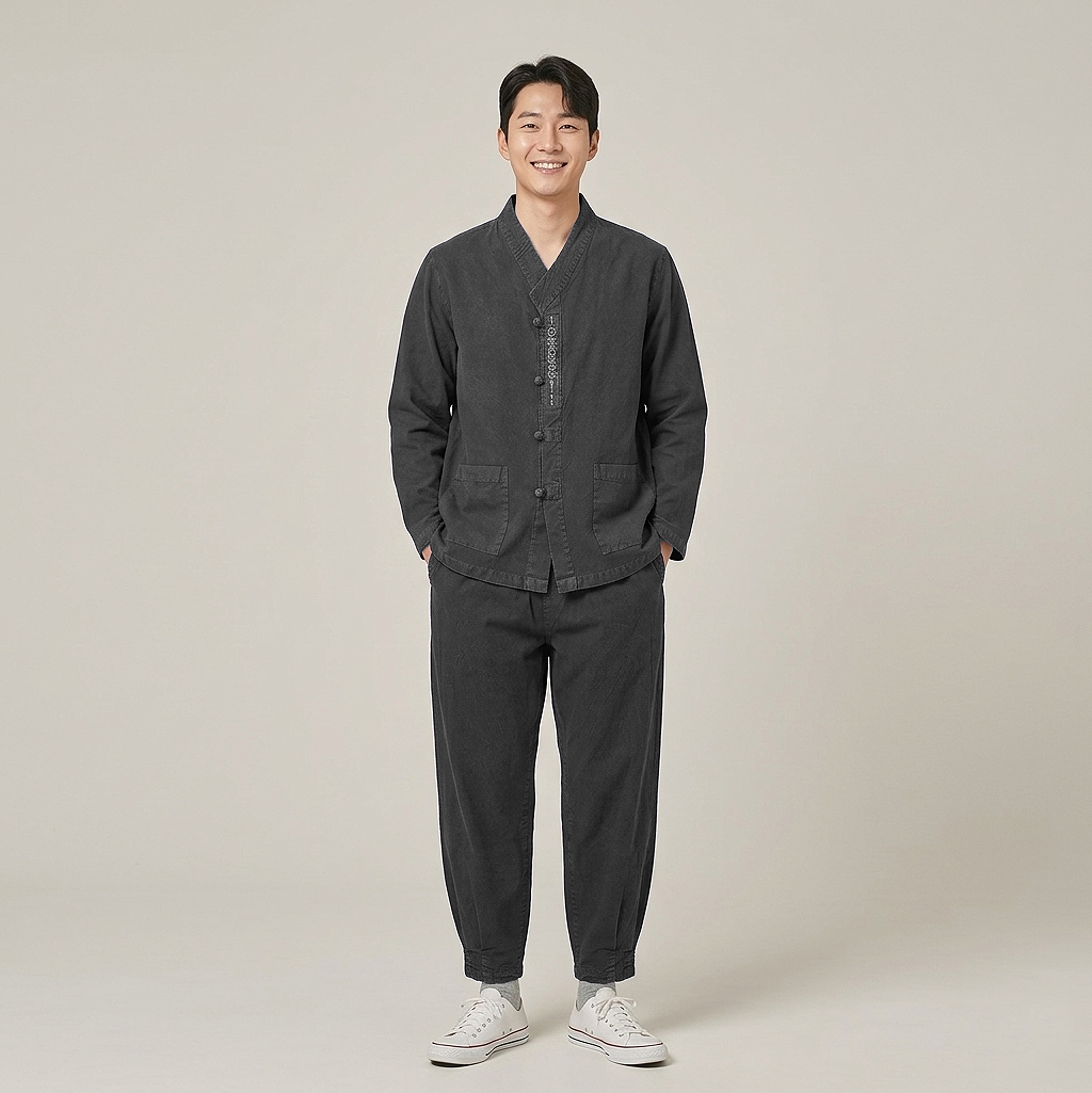 봄 가을 생활한복 저고리 바지 세트 달꽃문자수 남여공용 면100 10색상 - 상품 이미지