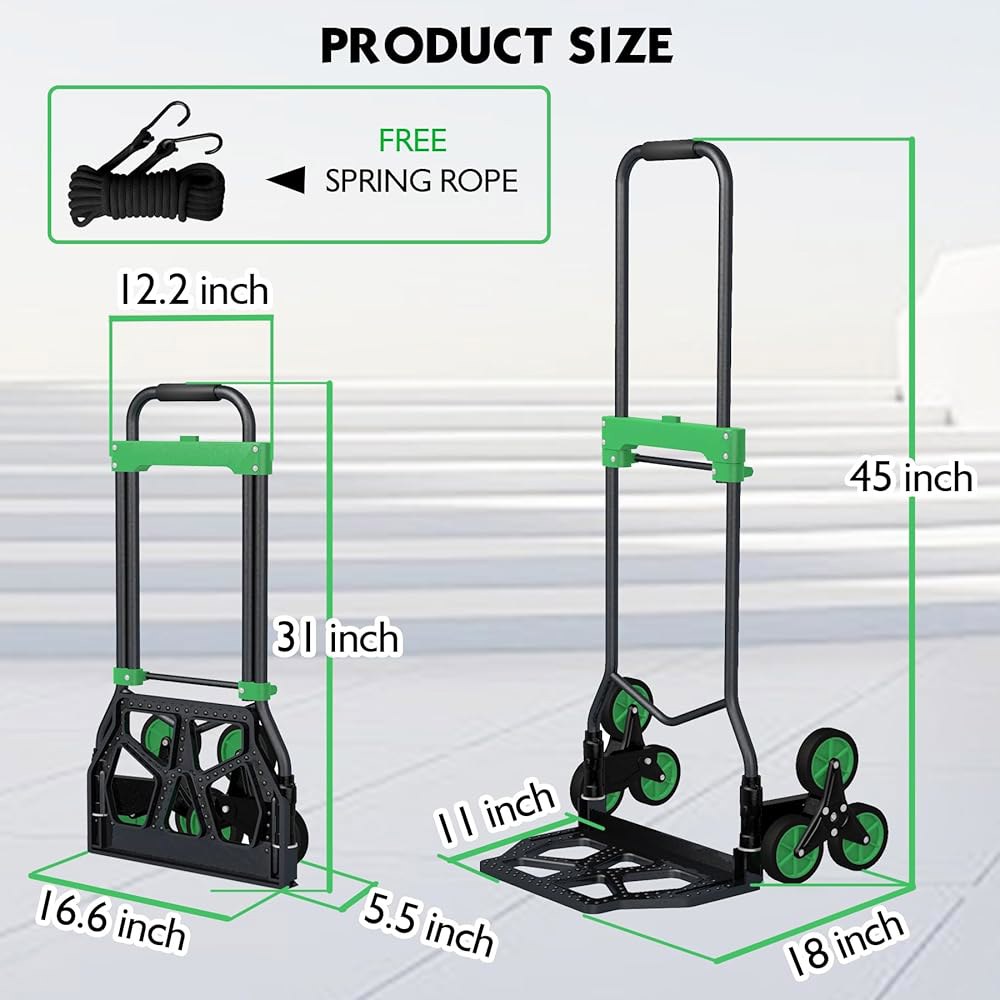 계단 오르기 바퀴와 원터치 접이식 핸들이 있는 330LB 용량의 대형 핸드 트럭 - Q235 스틸 돌리 카트, 4.2인치 트리플 휠, 탄성 스트랩 및 스펀지 그립(녹색) - 상세 이미지 2