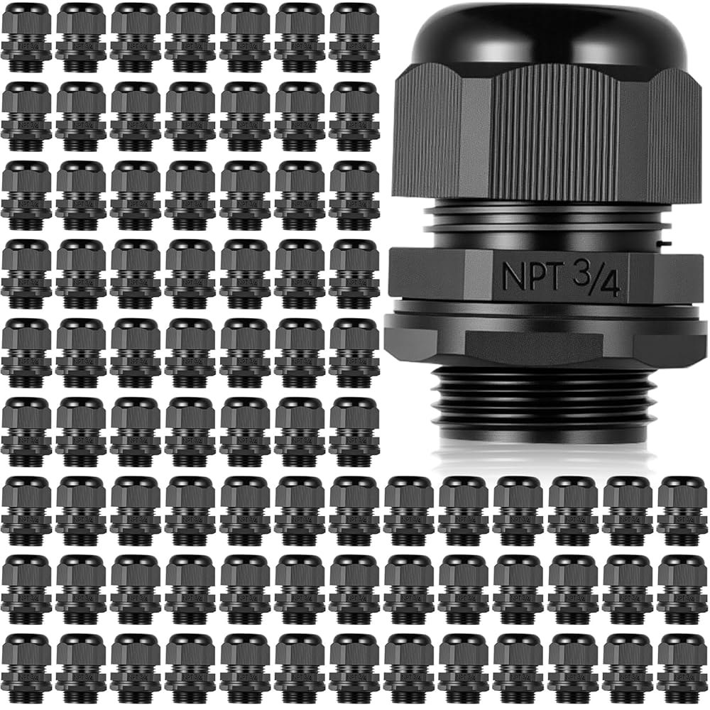 릴렉스위크 50개 3/4인치 NPT 블랙 나일론 케이블 글랜드, 방수 IP68 조절 가능 로크넛 직경 커넥터 코드 그립 25 3/8 Npt - 상품 이미지