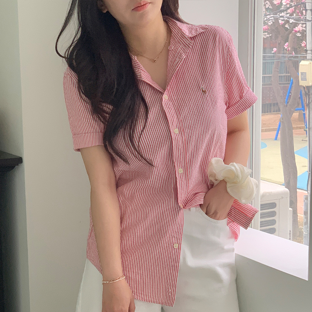폴로 보이즈 반팔 셔츠 시어서커 스트라이프 여성용 이미지 2