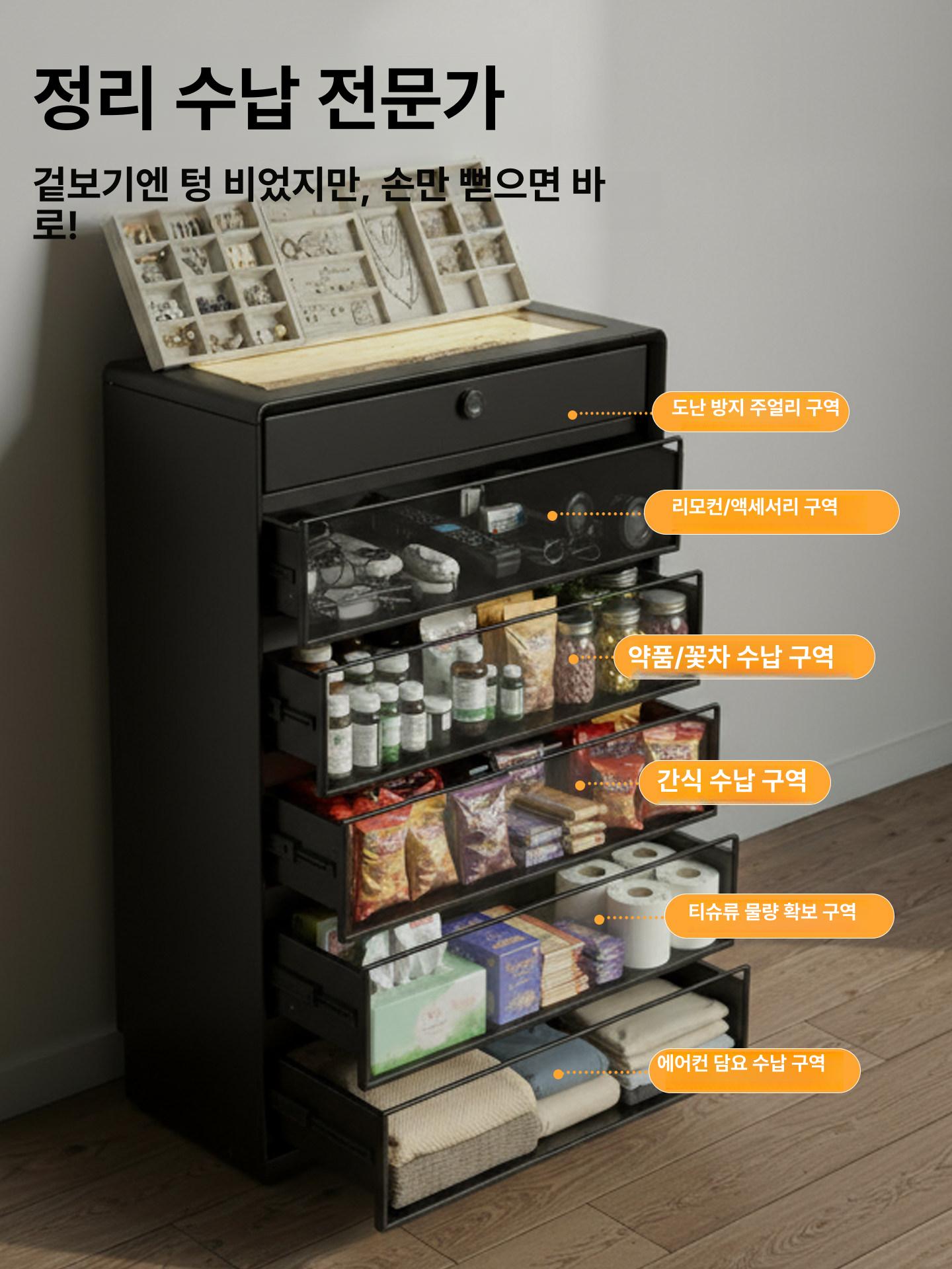 아일랜드서랍장 수납장 침실 악세서리 모던 원목 드레스룸 블랙 80 6단 지문 잠금 - 상세 이미지 2