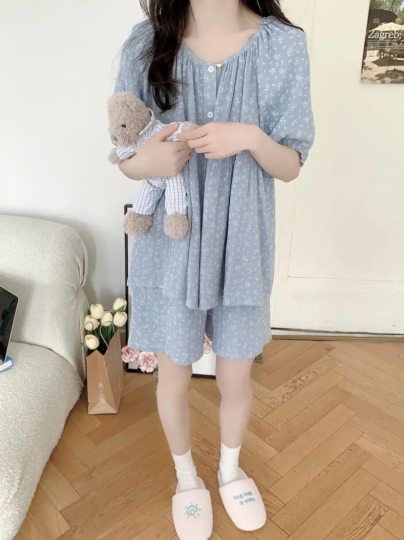 반팔잠옷 반바지 세트 여름 플라워 요루면 순면 루즈핏 홈웨어 파자마 - 상세 이미지 5