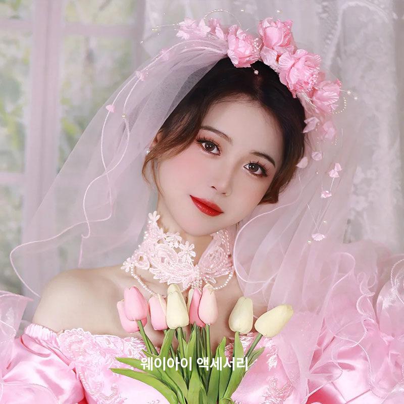 면사포 레트로 베일 꽃송이 웨딩촬영 헤어장식 복고풍 핑크 플라워 60cm-80cm - 상세 이미지 3