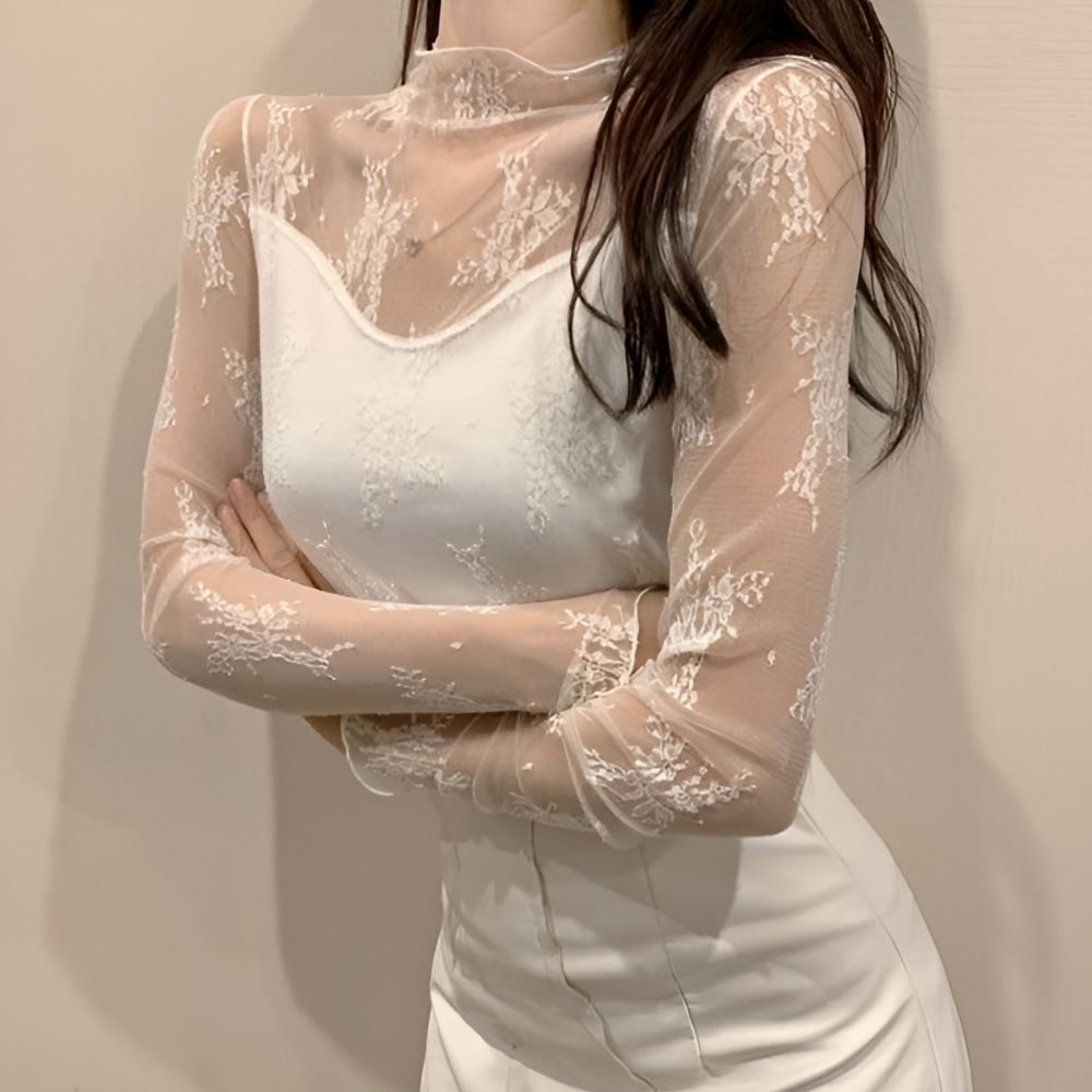 레이스시스루블라우스 레이스이너 목프릴블라우스 플라워 - 상세 이미지 3