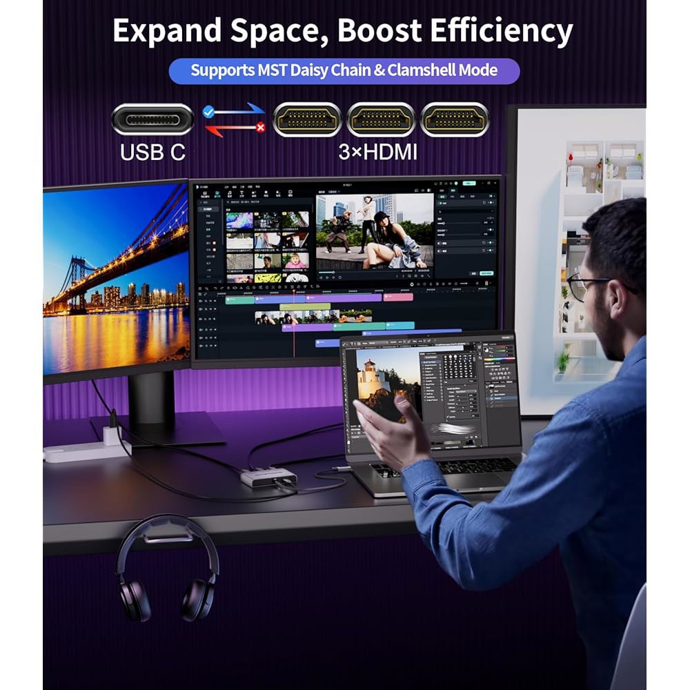 SWITCHFLUX USB C to HDMI 어댑터 카드와 호환 노트북, PC, Out 스플리터 허브 확장 다중 모니터 MST 1 4K60Hz 컨버터 PD 100W 3 in 3개 - 상세 이미지 3