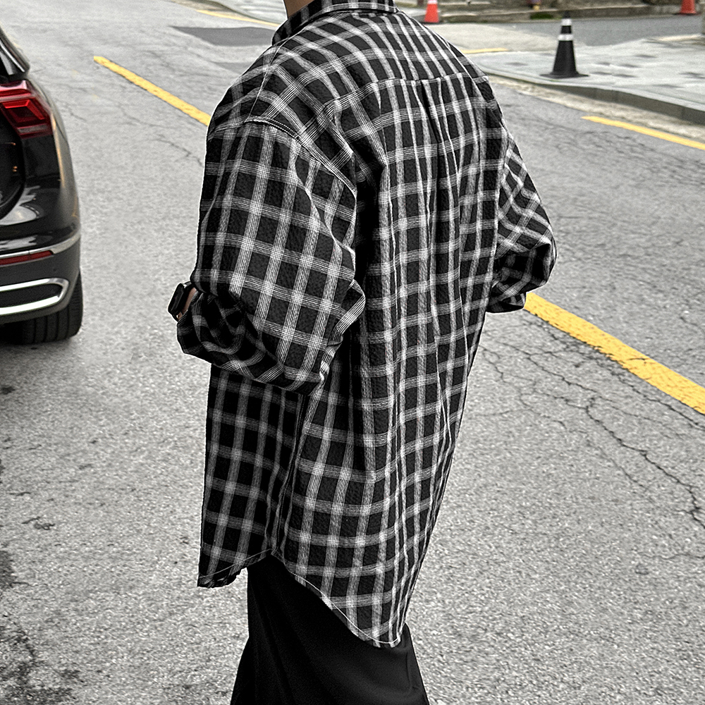 남자 체크셔츠 봄 여름 가을 캐주얼 오버핏 체크 무늬 긴팔 남방 - 상세 이미지 2