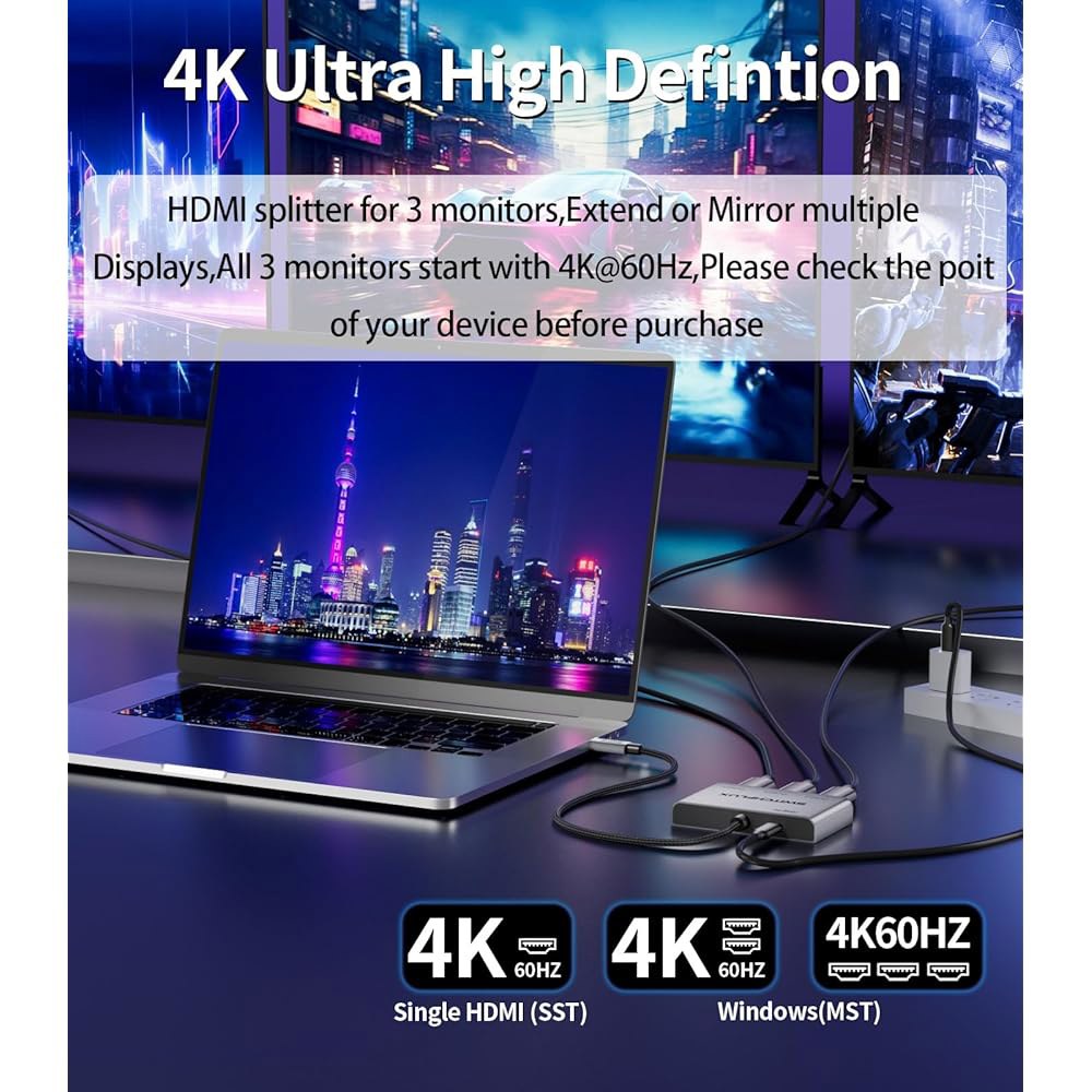 SWITCHFLUX USB C to HDMI 어댑터 카드와 호환 노트북, PC, Out 스플리터 허브 확장 다중 모니터 MST 1 4K60Hz 컨버터 PD 100W 3 in 3개 - 상세 이미지 2