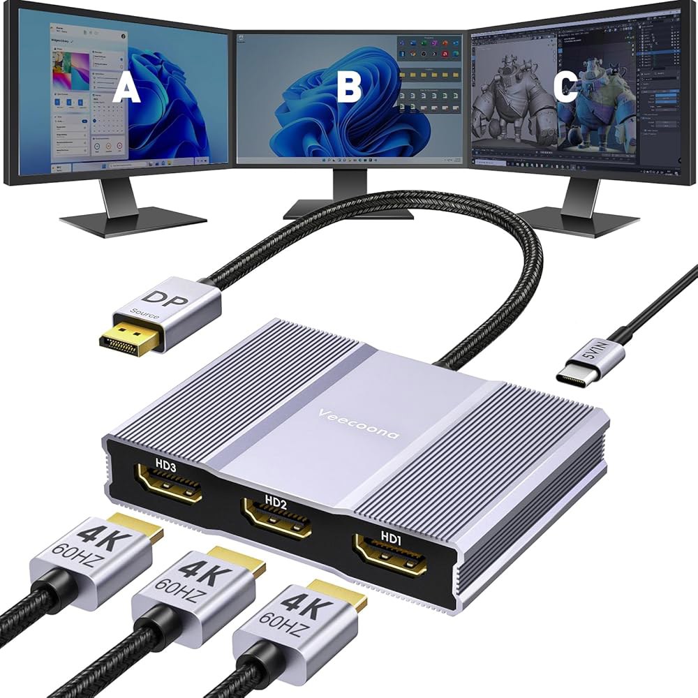 디스플레이 포트 - HDMI 어댑터 1 NVIDIA, 그래픽 스플리터, 허브 3개의 데스크탑, 모니터용 지원하지 4K60Hz, MACOS 않음 Out in DP 스플리터 3 MST - 상품 이미지