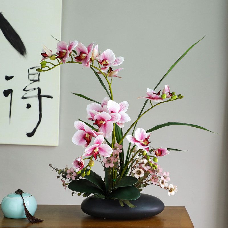 난 호접란 조화 개업 난꽃 분재 행운 인테리어 선물 거실 돌분재/핑크 - 상품 이미지