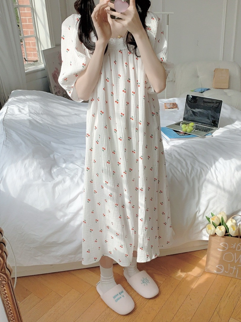 체리 반팔 원피스잠옷 순면 요루면 빅사이즈 임산부 수유 홈웨어 파자마 여름 - 상세 이미지 5