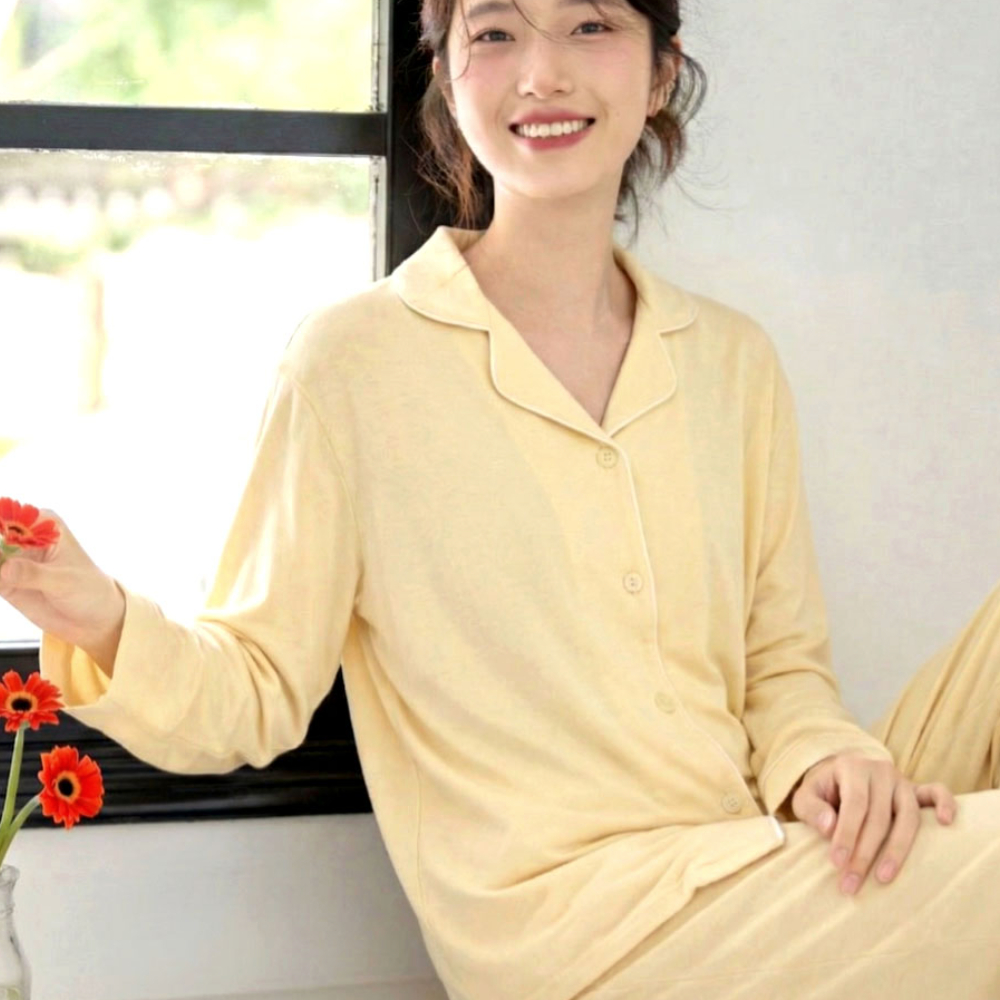 [당일발송] 모달 잠옷세트 여성 파자마 실크 홈웨어 긴팔SET 옐로우 - 상품 이미지