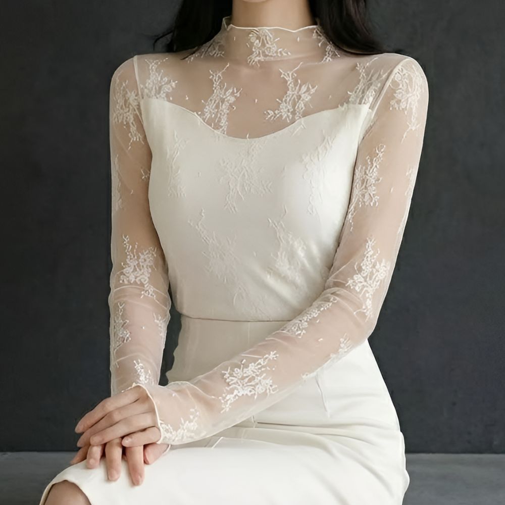 시스루블라우스이너 망사블라우스 반목 꽃자수 플라워패턴 - 상품 이미지