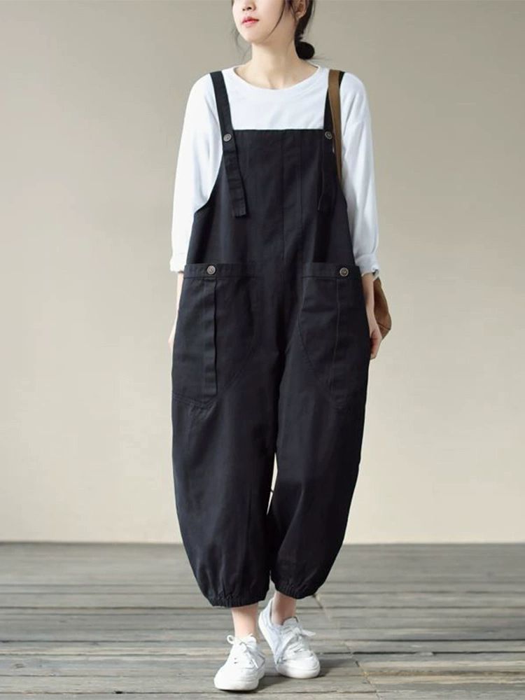 여성 점프슈트 루즈핏 카고 팬츠 9부 오버롤 멜빵 바지 - 상품 이미지