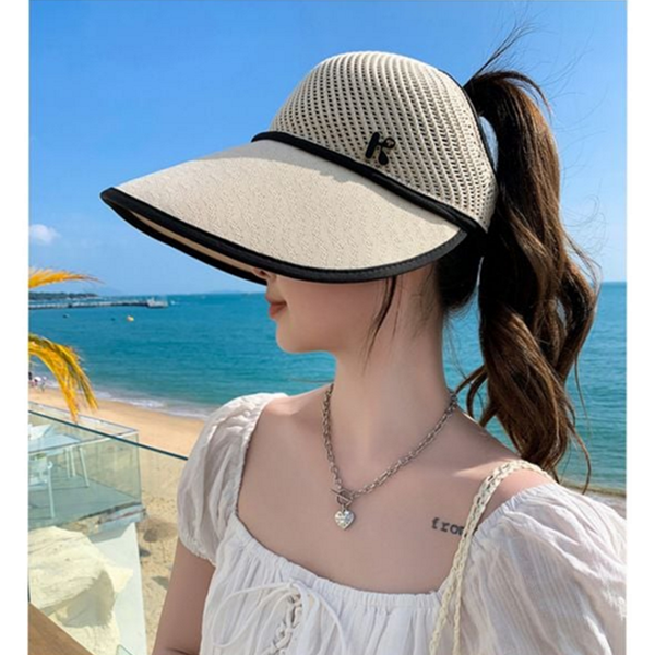 와이드챙 여성 썬 캡 돌돌이 밀짚 썬 캡 휴대용 나들이 - 상품 이미지