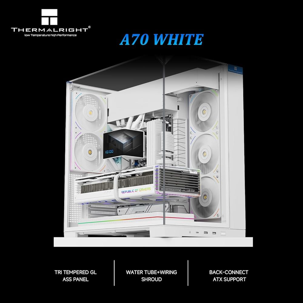 Thermalright A70 화이트 ATX 게이밍 케이스 그래픽 수직 장착 퀵 릴리즈 슬롯 + 도구 프리 카드 낙하 8개 3면 칼럼 CPU 팬 흐름 공기 4방향 유리 방지, - 상세 이미지 2