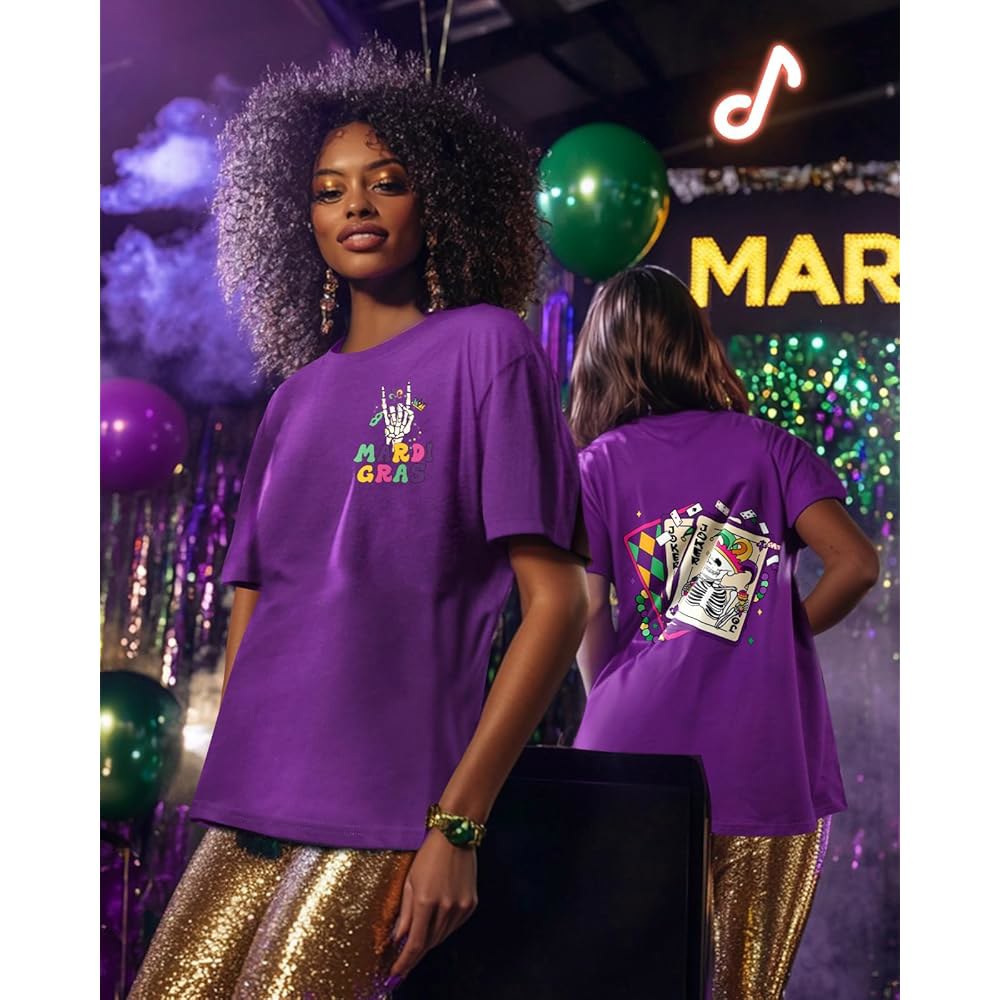 JMHACHY Mardi Gras 여성용 티셔츠 - 그래픽 카니발 셔츠 티 반소매 해골 마디 탑 뉴올리언 재미있는 의상, 글리터 - 상세 이미지 3