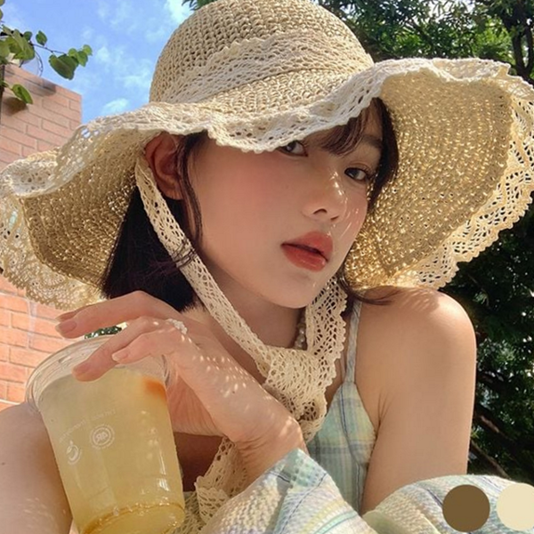 레이스 여성 왕골 모자 비치 라피아 모자 리본 여름 - 상품 이미지