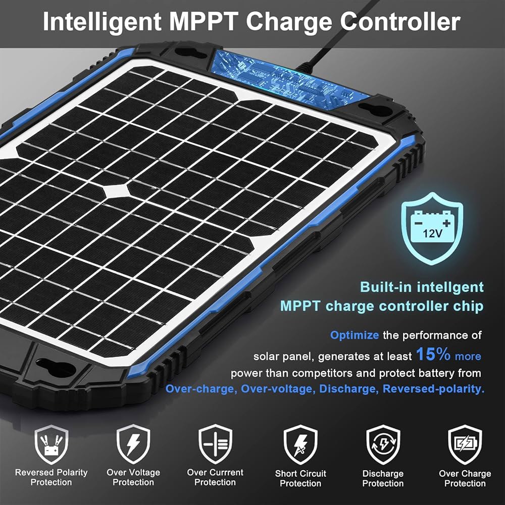 SUNER 파워 방수 12W 12V 태양광 배터리 충전기 및 유지보수 프로, 내장 울트라스마트 MPPT 충전 컨트롤러, 자동차 보트 해상 RV 트레일러용 12볼트 패널 트리클 키트 - 상세 이미지 2