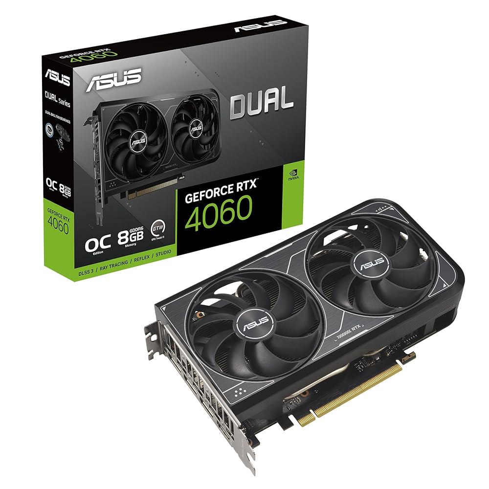 ASUS 듀얼 지포스 RTX 4060 V2 기술 DLSS Axial-tech 2슬롯 0dB 포트 등) (PCIe 디자인, 1.4a, 4.0, 팬 OC 8GB GDDR6, HDMI - 상품 이미지