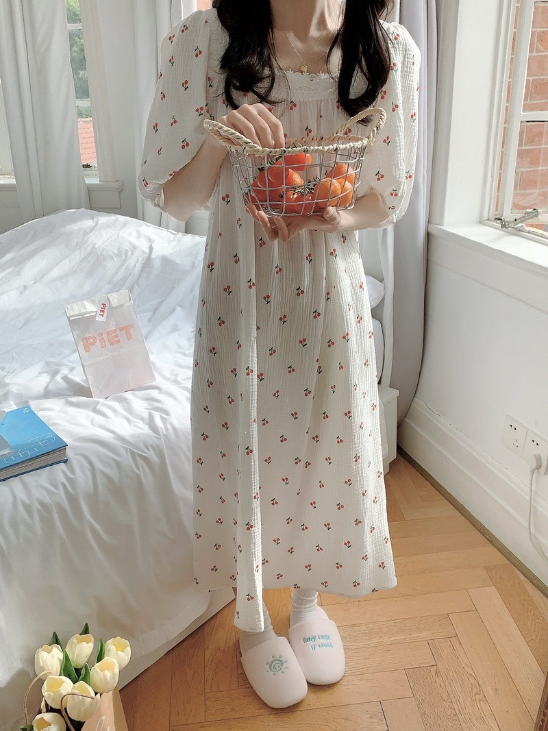 체리 반팔 원피스잠옷 순면 요루면 빅사이즈 임산부 수유 홈웨어 파자마 여름 - 상세 이미지 2