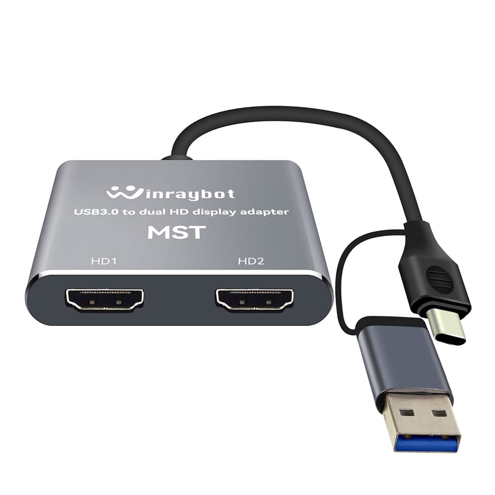 WinRaybot 2개의 모니터용 USB to HDMI 카드 - 어댑터 HDMI, 맥 비디오 지원 듀얼 윈도우/듀얼 익스텐더 그래픽 HD 외부 3개의 디스플레이 USB3.0 및 - 상품 이미지