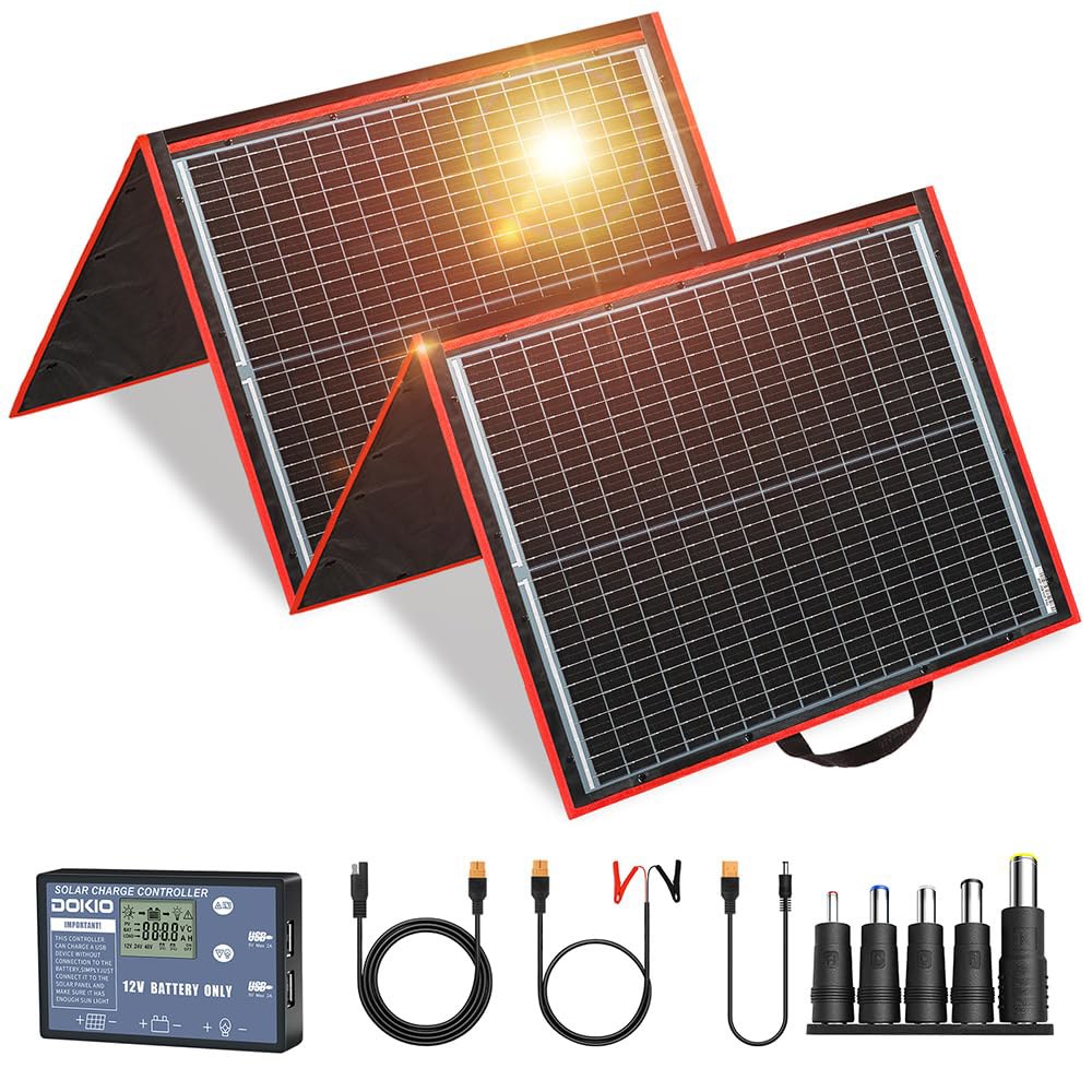 DOKIO 150W 휴대용 접이식 태양광 패널 키트, 독립형 컨트롤러와 USB가 포함된 컴팩트 21x20인치 디자인 7.3파운드, 12V 배터리용 단결정 충전기, 발전소, RV - 상품 이미지