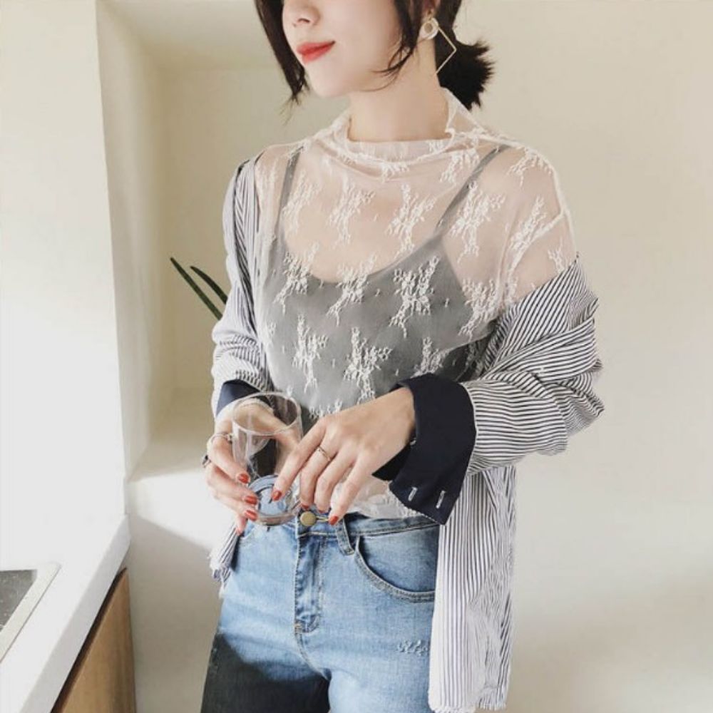 레이스시스루블라우스 레이스이너 목프릴블라우스 플라워 - 상세 이미지 5