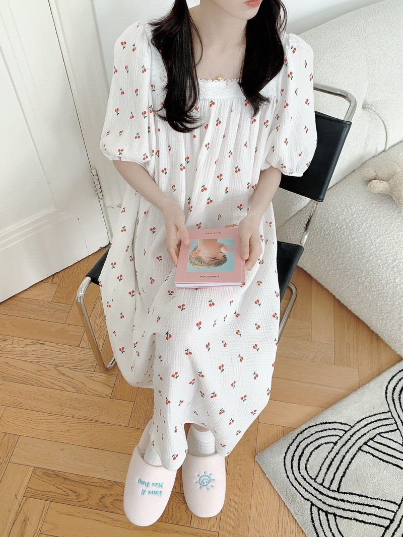 체리 반팔 원피스잠옷 순면 요루면 빅사이즈 임산부 수유 홈웨어 파자마 여름 - 상세 이미지 4