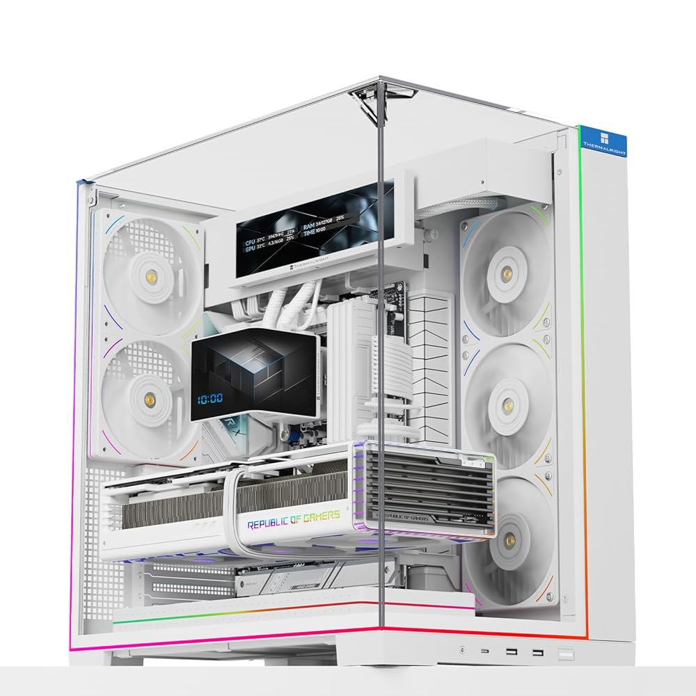 Thermalright A70 화이트 ATX 게이밍 케이스 그래픽 수직 장착 퀵 릴리즈 슬롯 + 도구 프리 카드 낙하 8개 3면 칼럼 CPU 팬 흐름 공기 4방향 유리 방지, - 상품 이미지