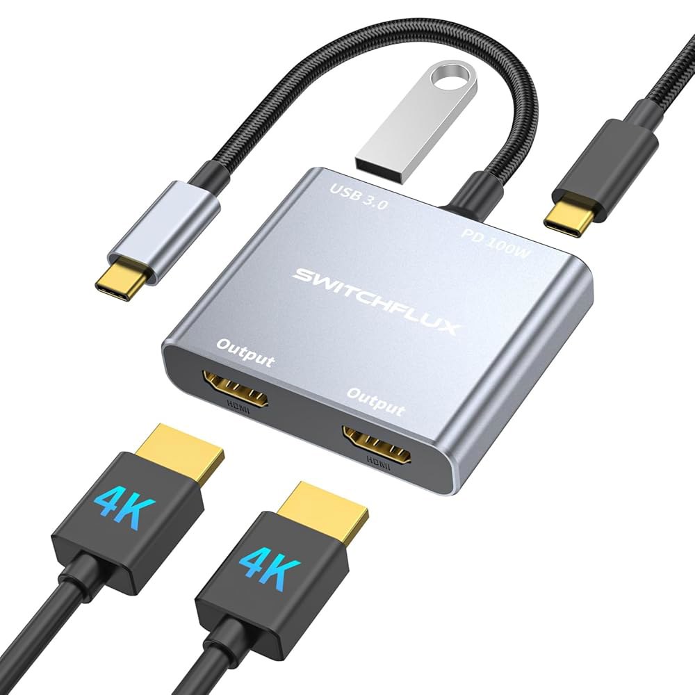 SWITCHFLUX USB C - 듀얼 HDMI 디스플레이, 카드와 어댑터 PD,USB 그래픽 호환 4K60Hz 포트 100W 확장 노트북, 태블릿, 3.0 스플리터 컨버터 모니터 - 상품 이미지