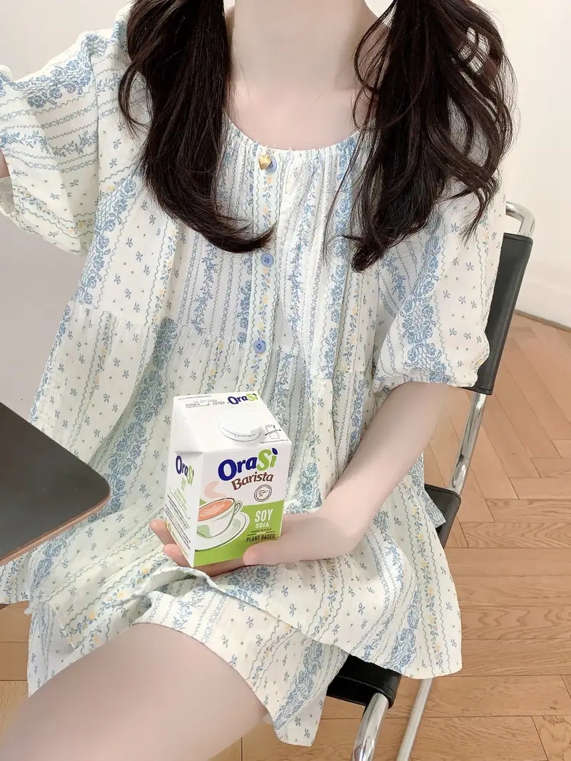 반팔잠옷 투피스 플라워 요루면 순면 루즈핏 수유홈웨어 파자마 여름 - 상세 이미지 4