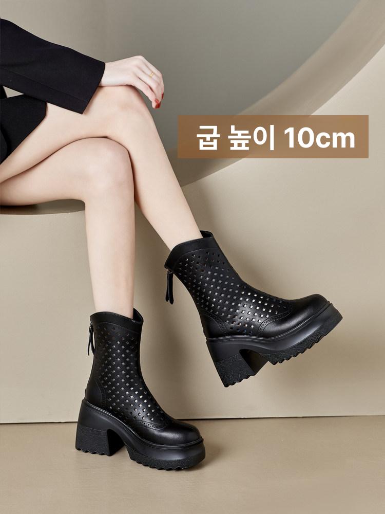 펀칭부츠 여성 가죽 망사 여름 부츠 가보시 통굽 마부츠 10cm - 상세 이미지 5