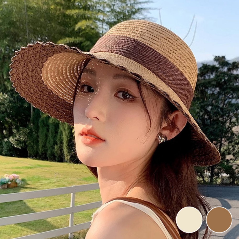 여름 빅리본 배색 레이스 벙거지 버킷햇 비치웨어 여성 밀짚모자 - 상품 이미지