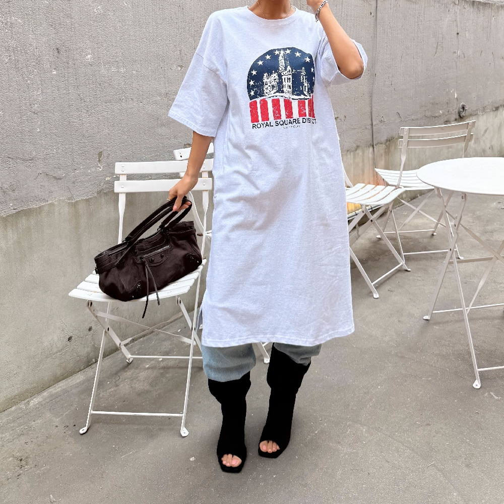 키작녀원피스 여름 빅사이즈 오버핏 면 옆트임 반팔 롱 원피스 - 상품 이미지