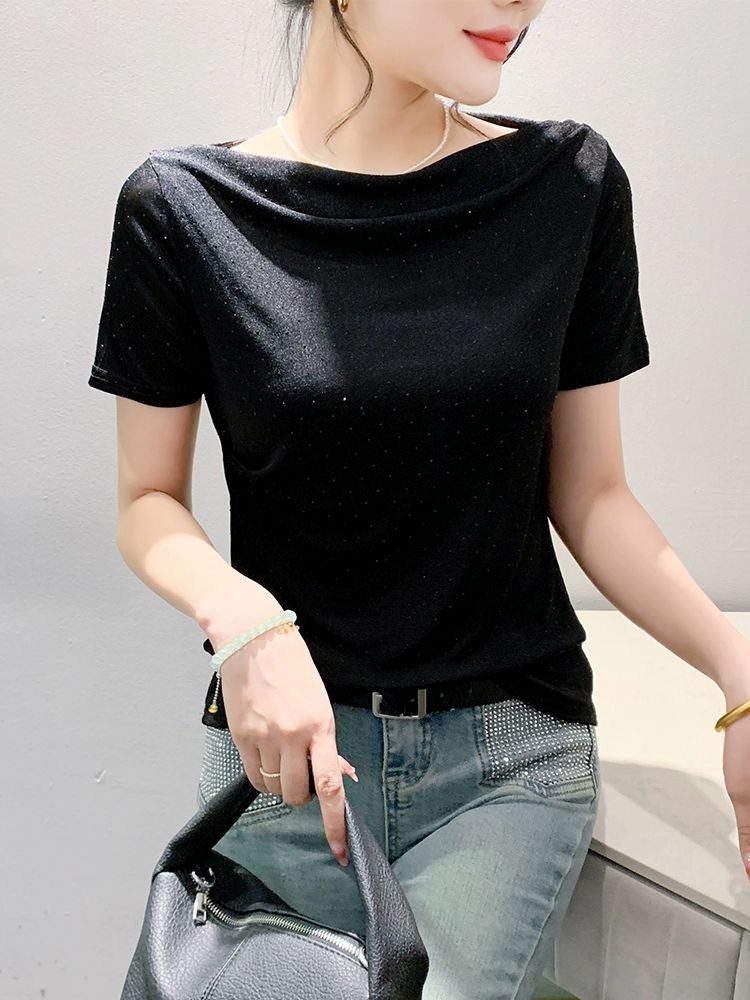 여성 라인댄스복 상의 공연복 라틴 반팔 연습복 블랙 S - 상세 이미지 3
