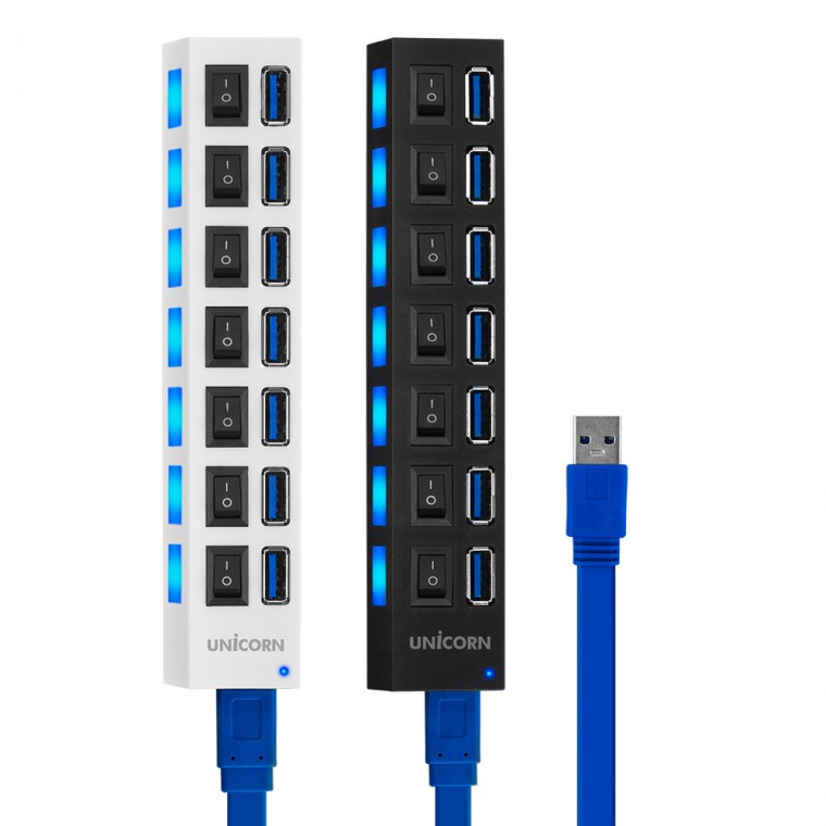 편리한 유니콘 개별 전원 스위치 무전원 USB 3.0 7포트 허브 블랙 XH-Q5 - 상품 이미지