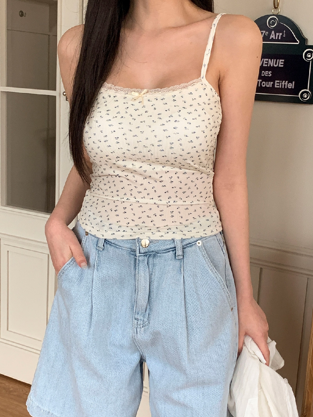 플라워 캡내장 크롭 나시티 이너 브라탑 슬리브리스 티셔츠 - 상세 이미지 5