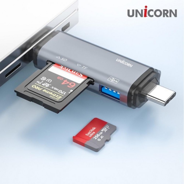 편리한 유니콘 3in1 멀티 카드리더기 OTG A타입 C타입 8핀 아이폰 USB 3.0 XC-3000M - 상품 이미지