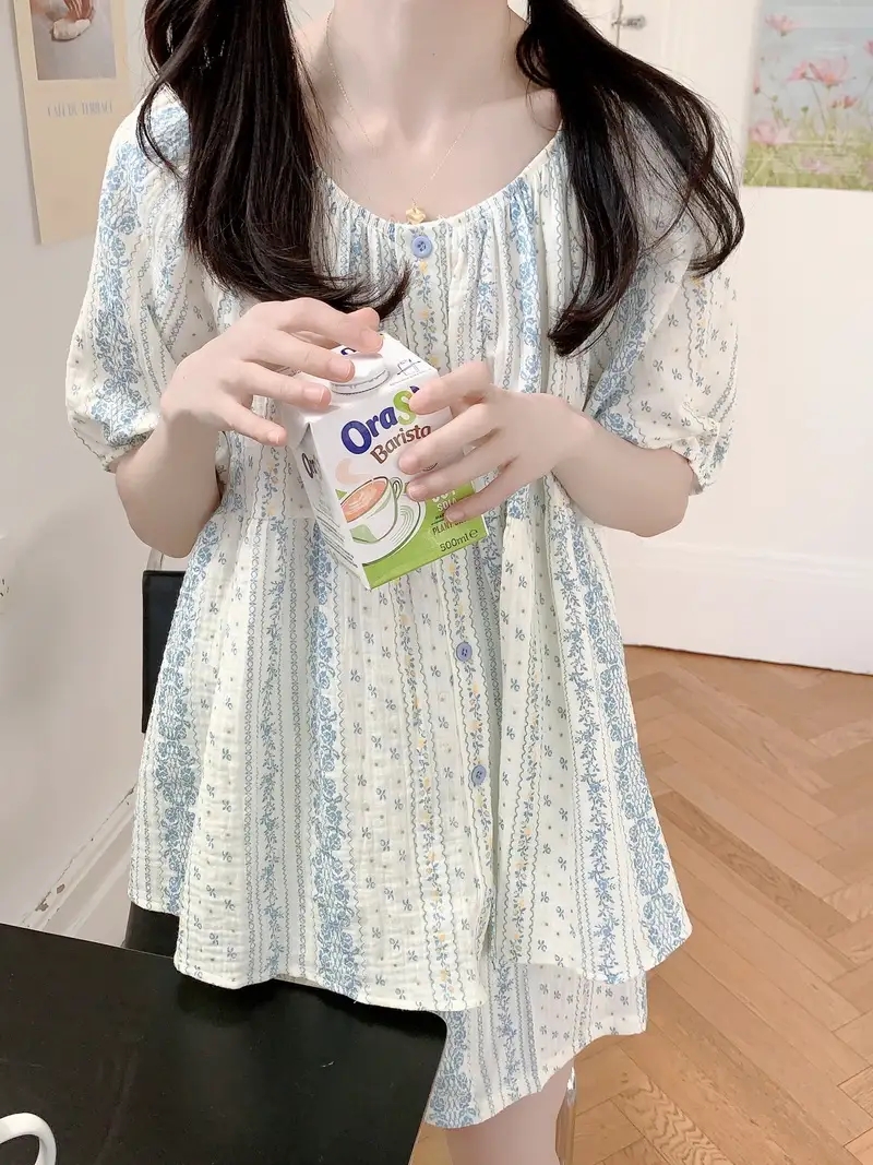 반팔잠옷 투피스 플라워 요루면 순면 루즈핏 수유홈웨어 파자마 여름 - 상세 이미지 5
