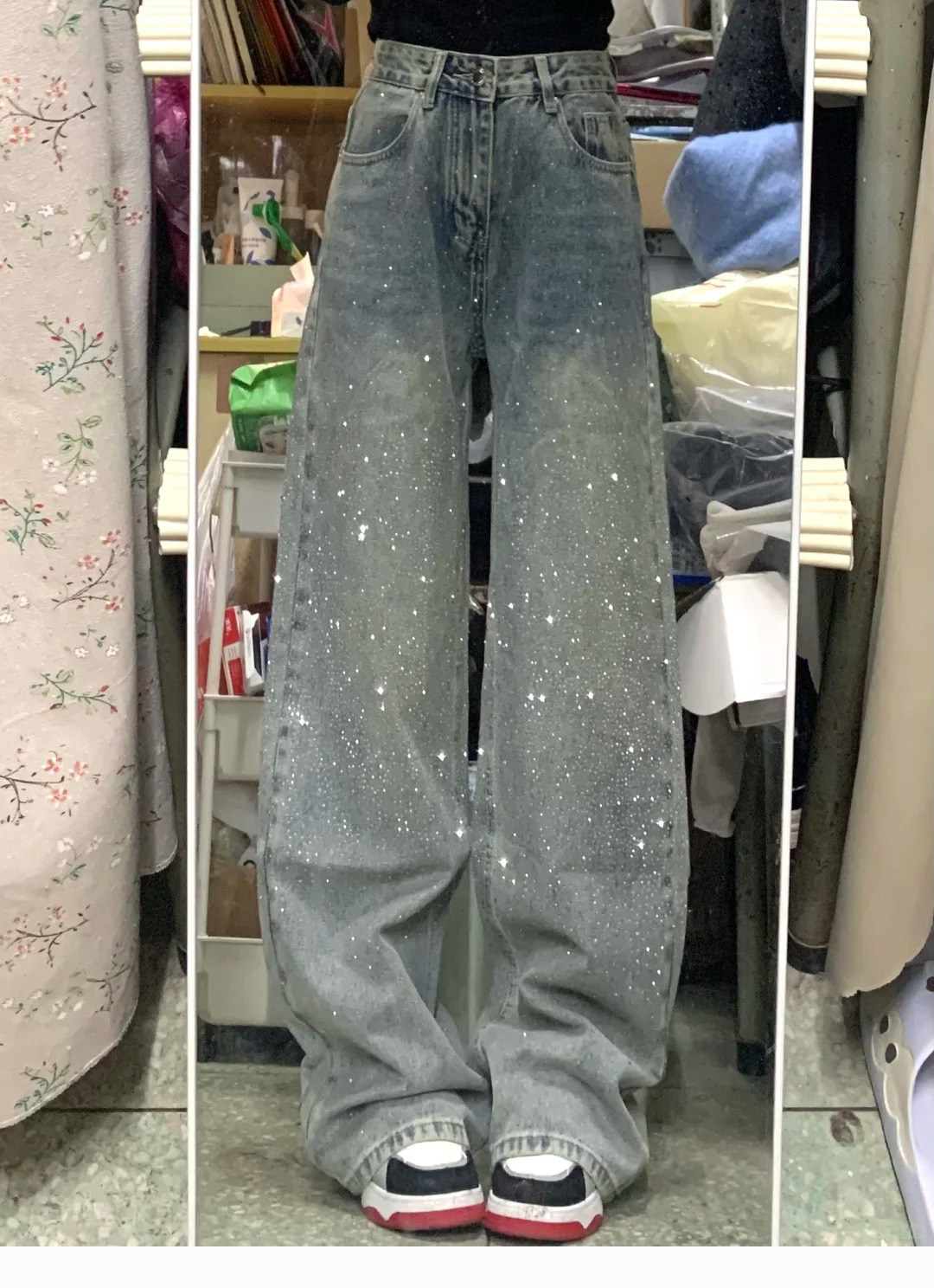 반짝이청바지 큐빅 루즈핏 데님팬츠 화려한 여성 와이드 바지 진청 S 이미지 7