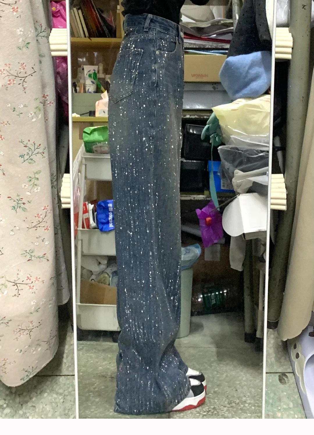 반짝이청바지 큐빅 루즈핏 데님팬츠 화려한 여성 와이드 바지 진청 S - 상세 이미지 5