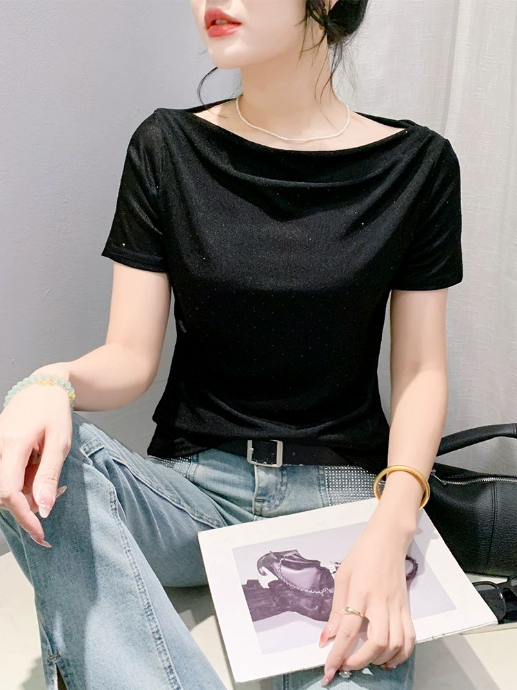 여성 라인댄스복 상의 공연복 라틴 반팔 연습복 블랙 S - 상품 이미지