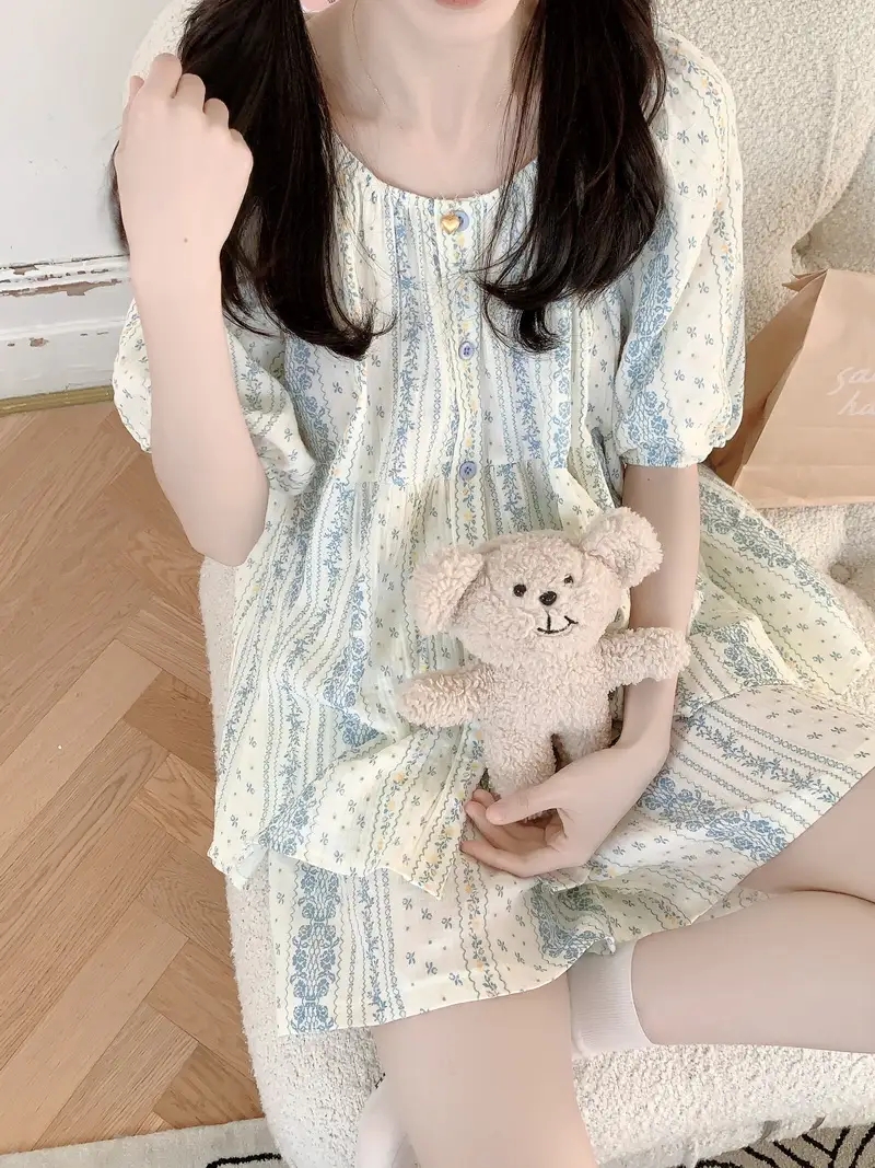 반팔잠옷 투피스 플라워 요루면 순면 루즈핏 수유홈웨어 파자마 여름 - 상세 이미지 2