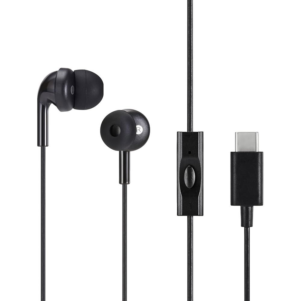 마이크, 인이어 헤드폰, USB-C, 4.2피트 케이블, S/M/L 이어팁, 블랙이 포함된 아마존 베이직 유선 이어버드 3.5mm Aux - 상품 이미지