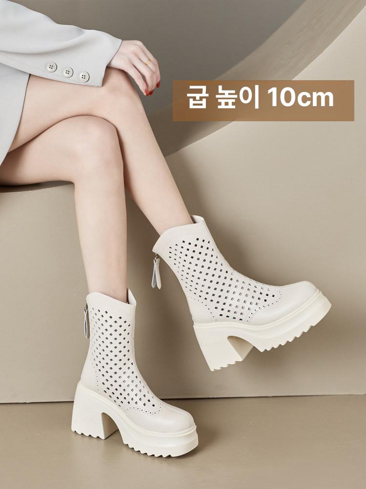 펀칭부츠 여성 가죽 망사 여름 부츠 가보시 통굽 마부츠 10cm - 상세 이미지 4