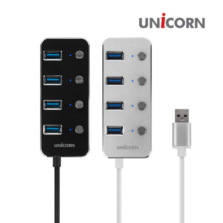 편리한 유니콘 개별 전원 스위치 무전원 USB 3.0 4포트 허브 블랙 TH-4000S - 상품 이미지
