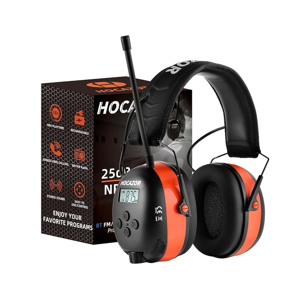 Hocazor 033 Pro Bluetooth 5.4 AM FM 라디오 헤드폰, Type-C 충전 포트 이어 프로 보호 충전식 안전 이어머프, 잔디 깎기 작업장용 오렌지 - 상품 이미지
