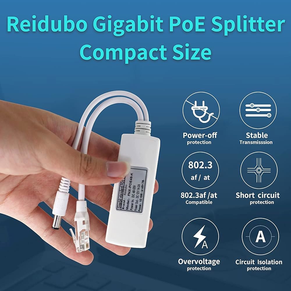 Reidubo 기가비트 PoE 스플리터 어댑터, 12V 2A 출력, 1000Mbps, IEEE 802.3AF /at, IP 카메라, AP WiFi, 전화 및 기타 DC 전원 공급 - 상세 이미지 2