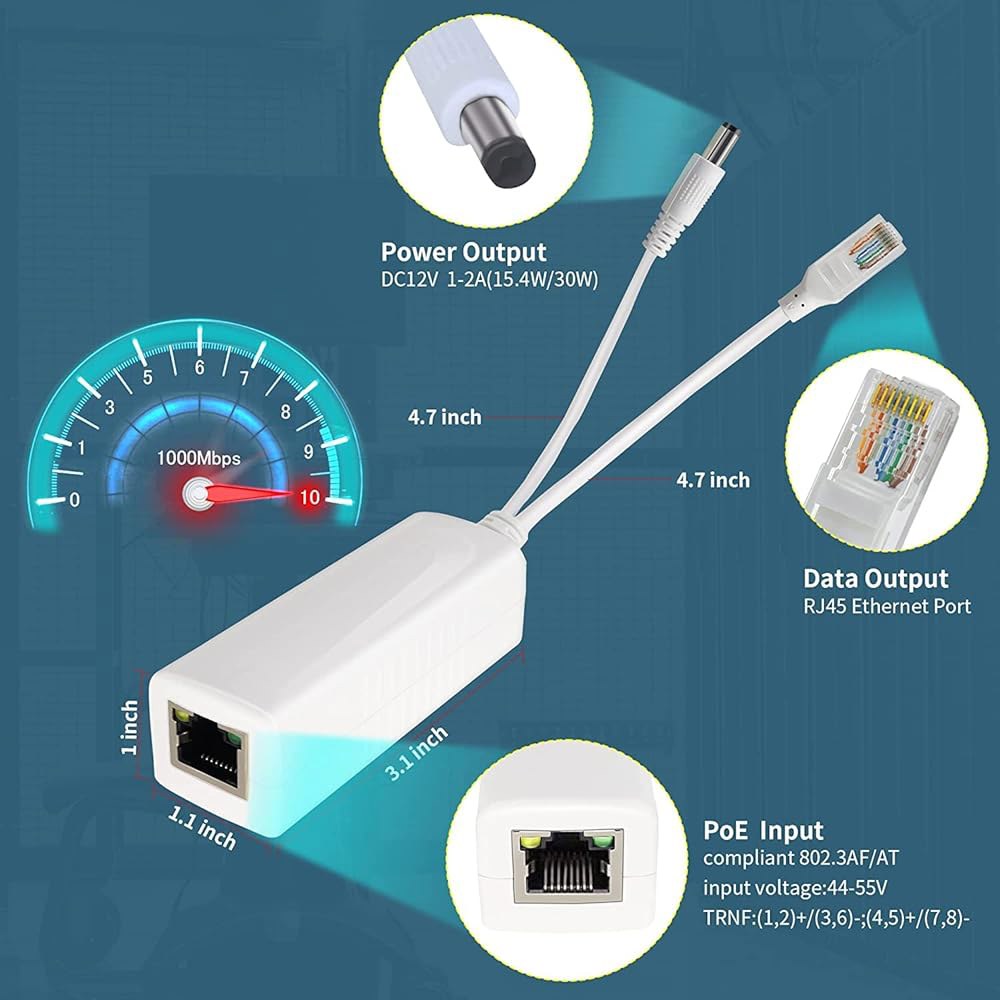 Reidubo 기가비트 PoE 스플리터 어댑터, 12V 2A 출력, 1000Mbps, IEEE 802.3AF /at, IP 카메라, AP WiFi, 전화 및 기타 DC 전원 공급 - 상세 이미지 3
