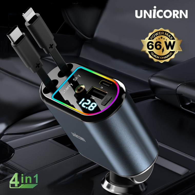 빠른 4in1 릴타입 차량용 시거잭 고속 멀티 충전기 LED 화면 동시 충전 CP-500D - 상품 이미지